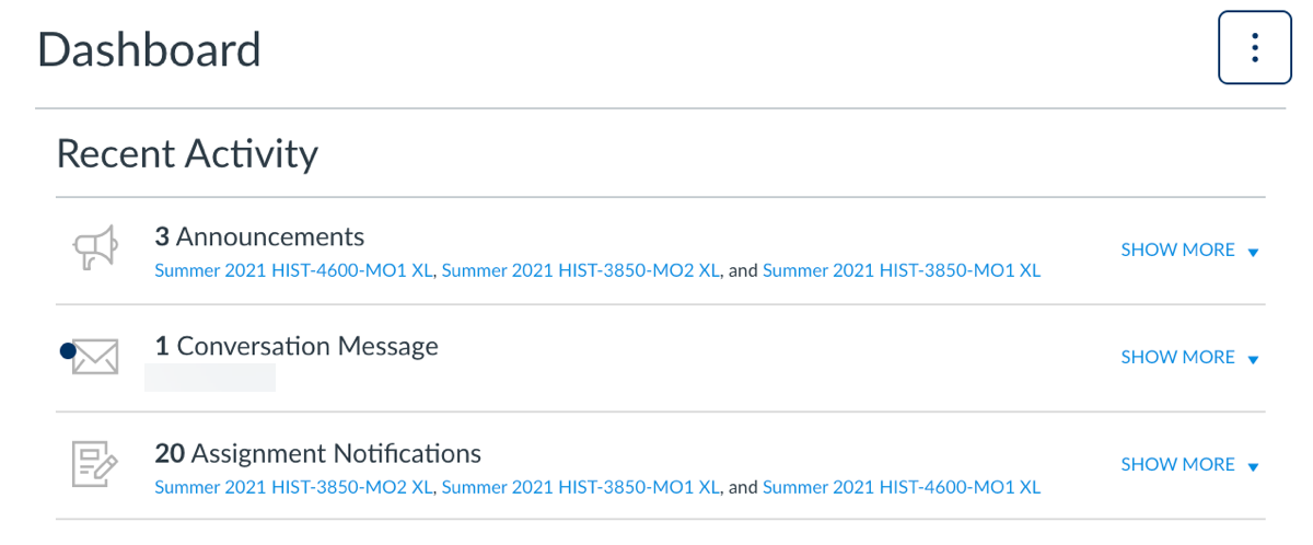 Canvas dashboard in recent activity view showing 3 announcements, 1 conversation message, and 20 assignment notifications