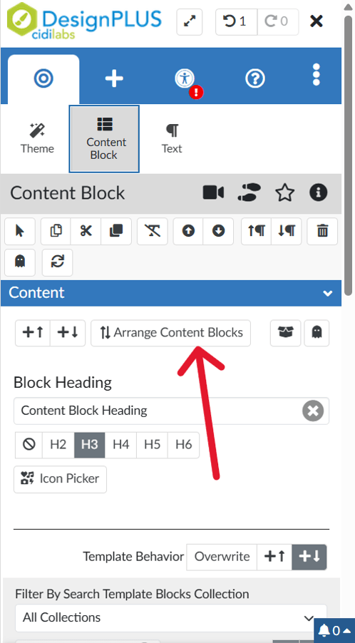 Click Arrange Content Blocks in Design Plus