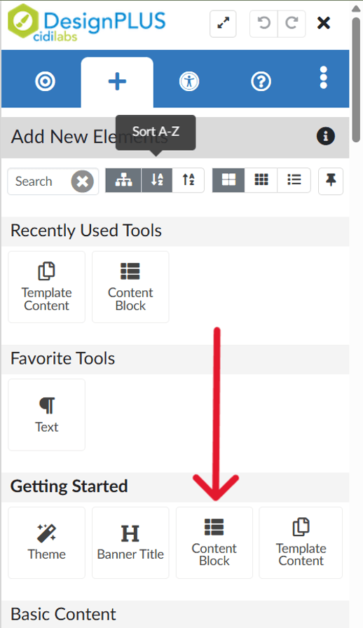 click content block button in Design Plus