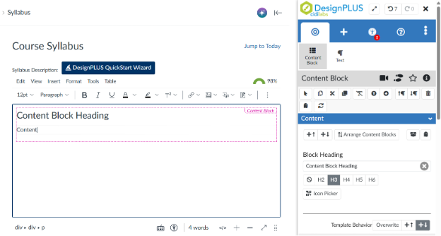 Design Plus Content Page View in Canvas
