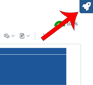 Arrow pointing at rocket ship icon in upper-right corner.