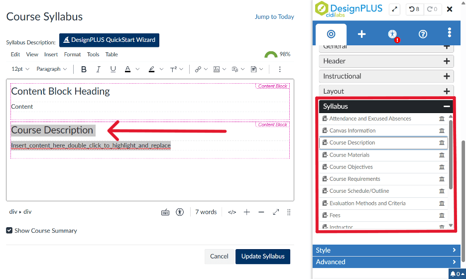 How to edit Design Plus Syllabus Content Blocks