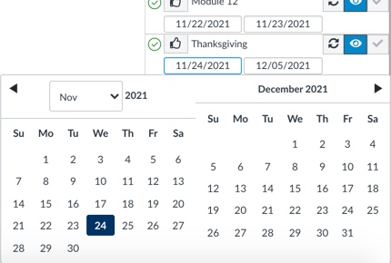 Design Tools module list showing the dates for a module called Thanksgiving and the start date being adjusted to the Wednesday before the holiday