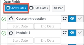 Design Tools open with module list displaying the date fields section with the show dates button highlighted