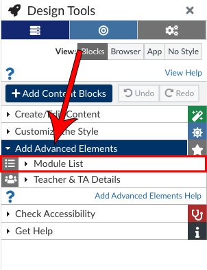 Design Tools panel with the add advanced elements section open and the module list item highlighted