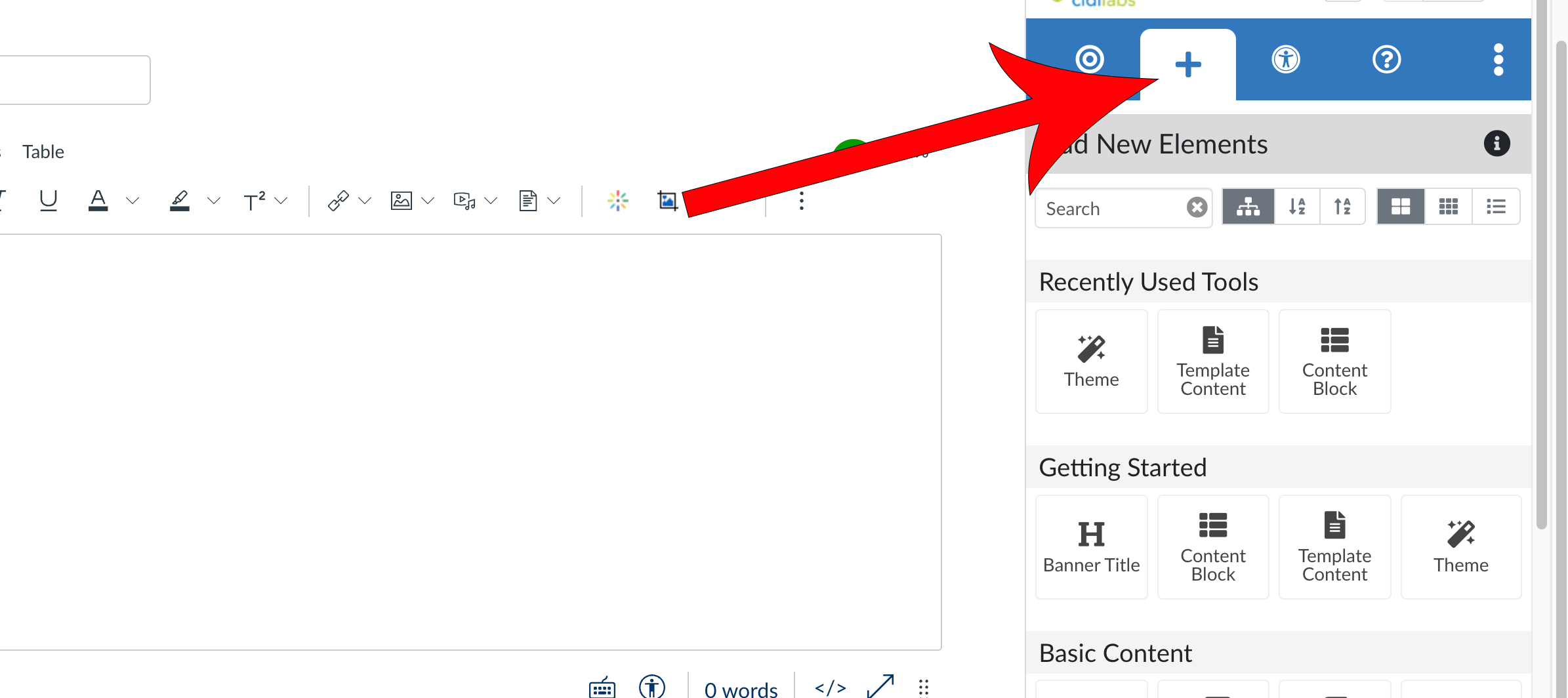 Arrow pointing at + icon in tab bar at the top of the DesignPLUS sidebar.