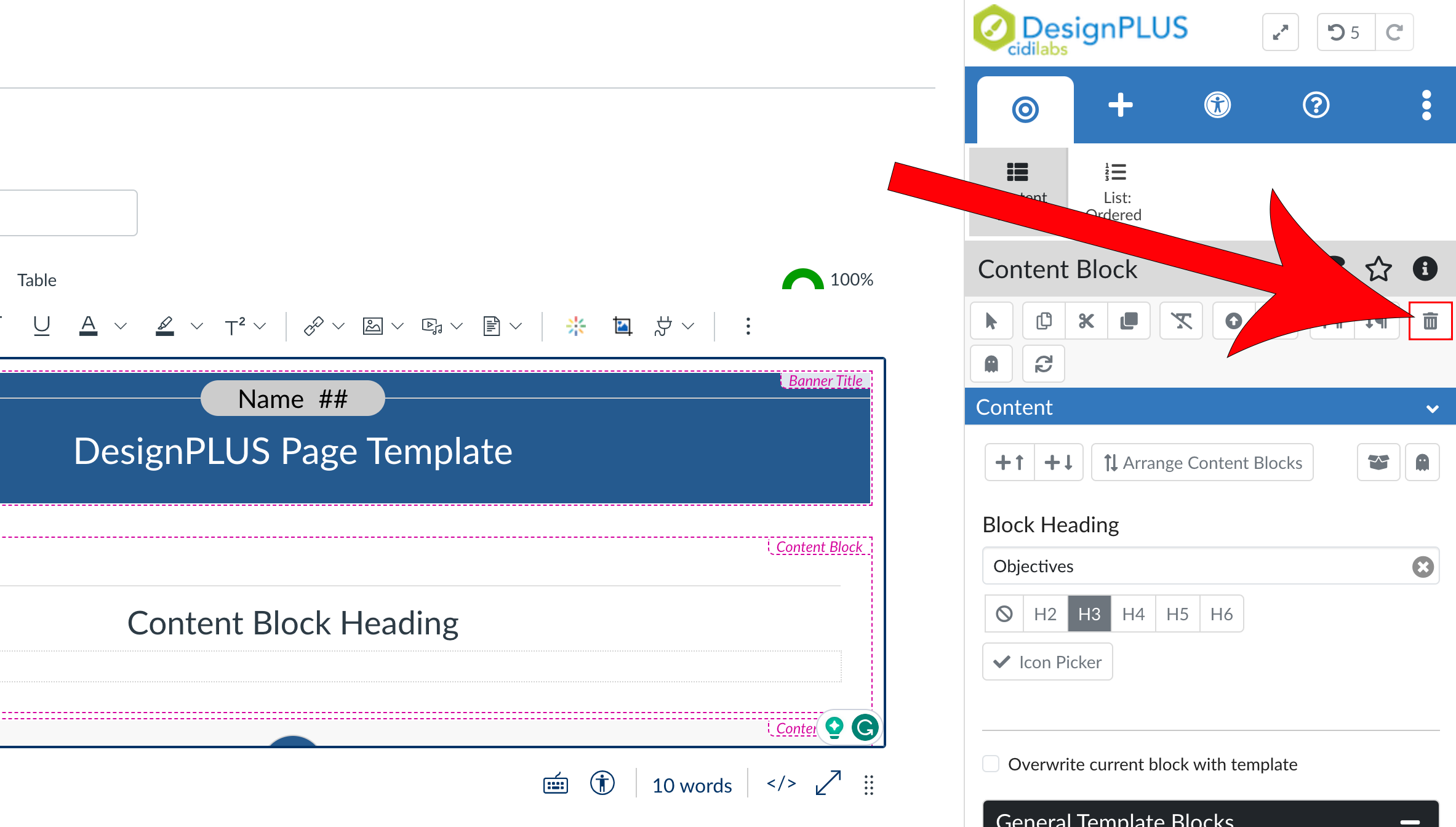 Arrow pointing at trashcan icon in the DesignPLUS sidebar.