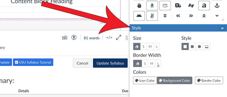 Arrow pointing at Style dropdown that is expanded in the DesignPLUS sidebar.
