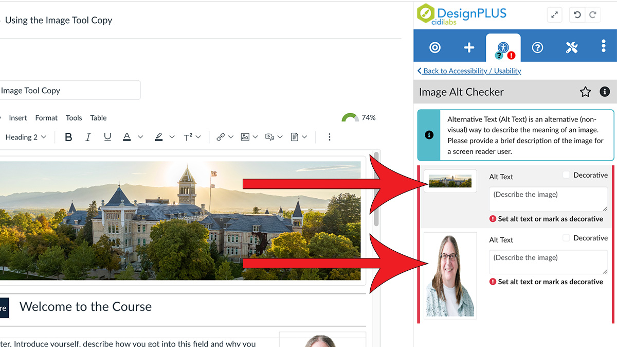 Arrows pointing at the images that appear in the Image Alt Checker tool in the DesignPLUS sidebar.