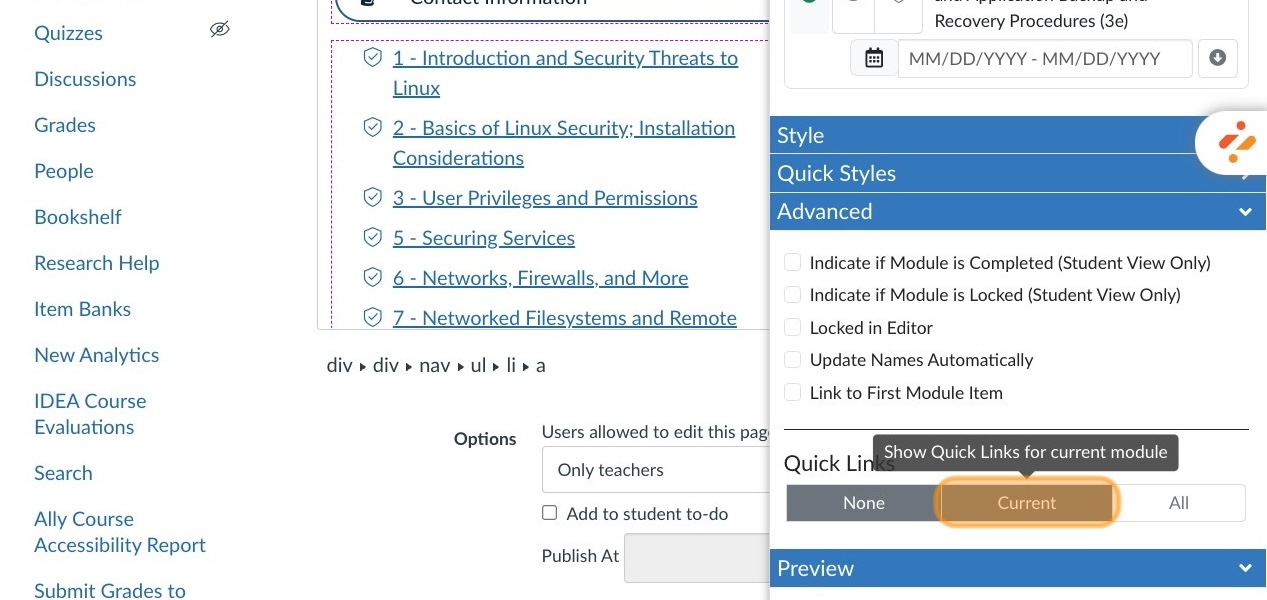 Current button under Quick Links highlighted in orange with the text "Show Quick Links for current module"