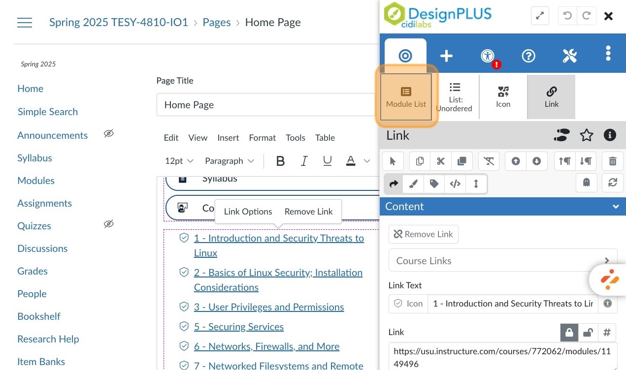 Module List in the design plus toolbar highlighted in orange. 