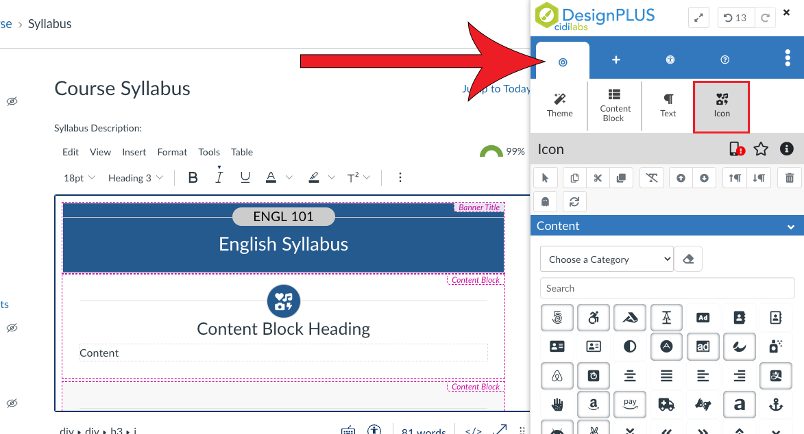 Arrow pointing at tab with target icon with the Icon option selected.