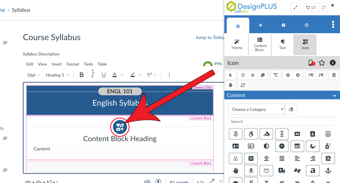 Arrow pointing at a circle with icons in it.