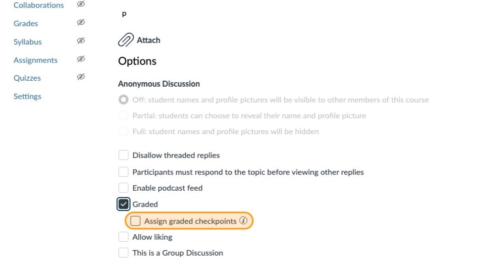 Checkbox for Assign graded checkpoints highlighted in orange. 