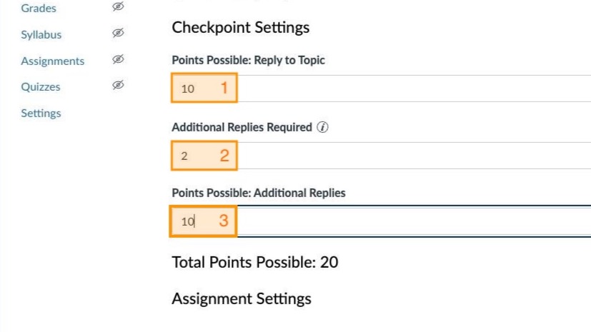 Checkpoint settings with entry boxes for Points Possible, Additional Replies, and Additional Replies highlighted in orange. Numbered 1, 2, and 3, respectively. 