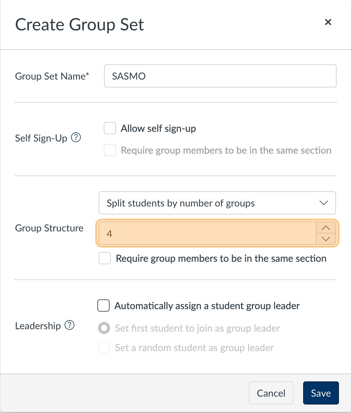 In the Group Structure section, a number entry field with the number 4 selected.