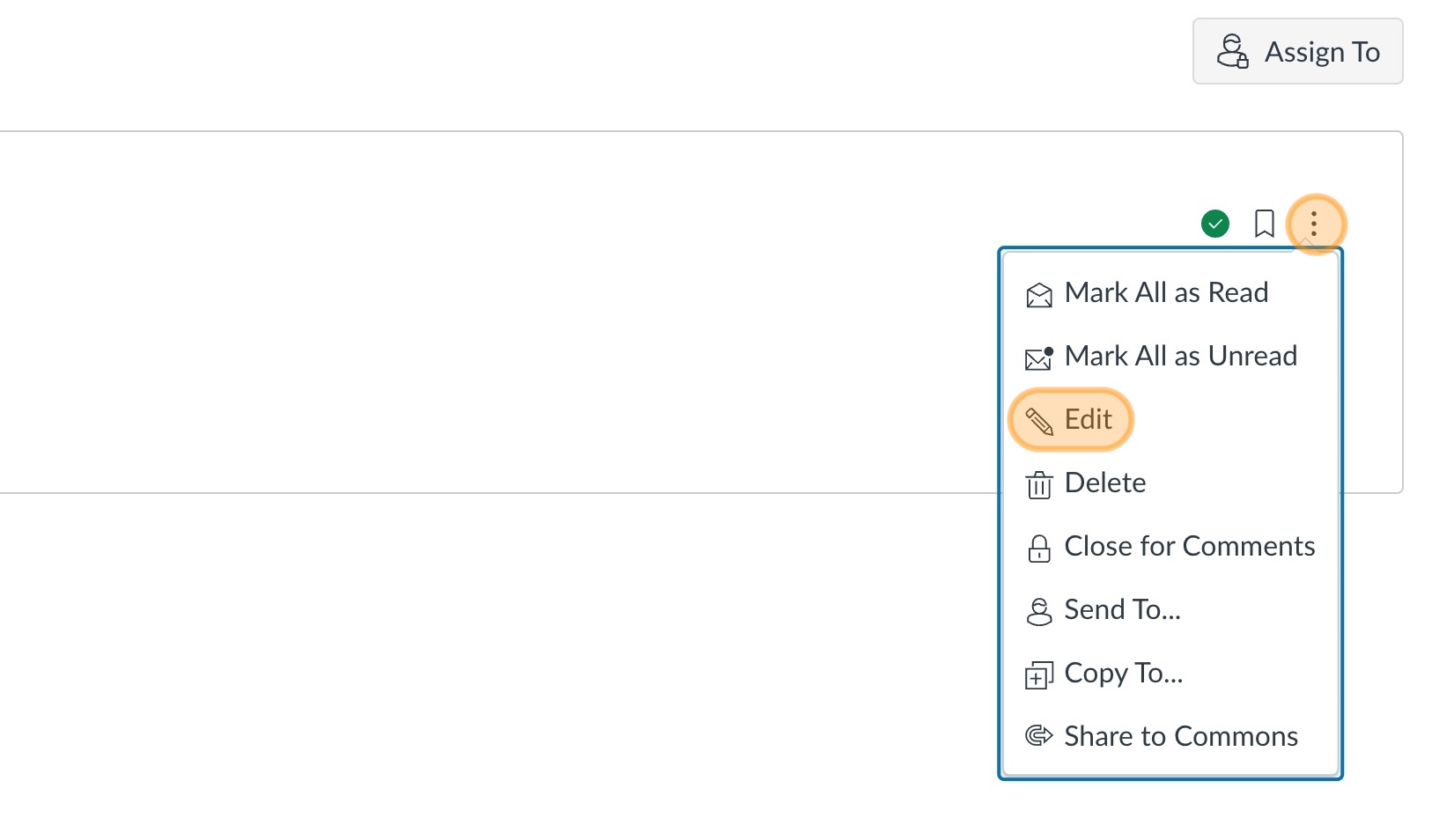 Menu icon (3 dots) on the right hand side highlighted in orange, an open menu below it with Edit highlighted in orange