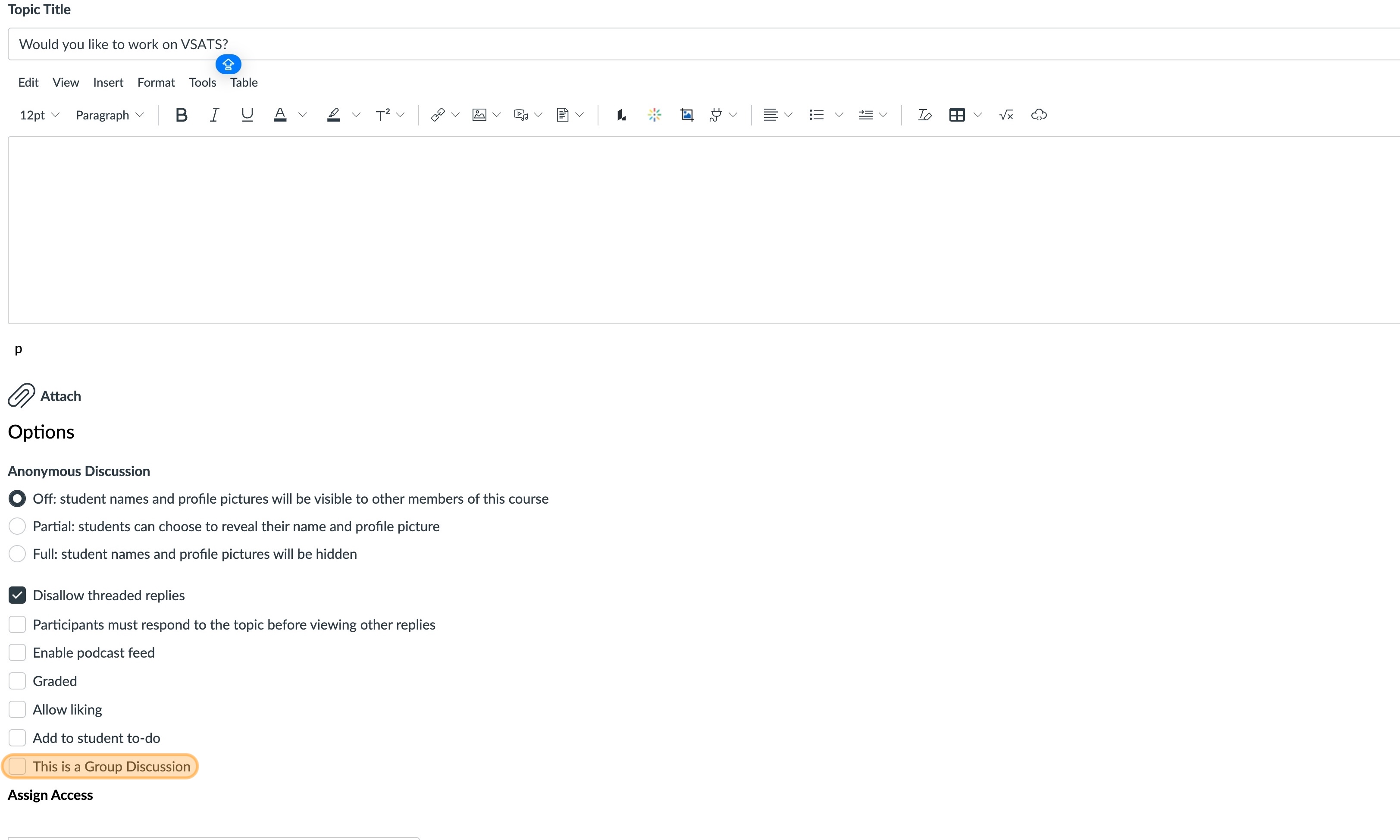 A checkbox with This is a Group Discussion highlighted in orange.