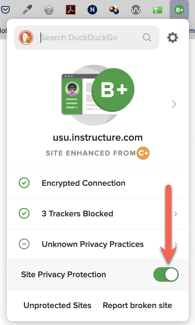 arrow pointing at site privacy protection toggle
