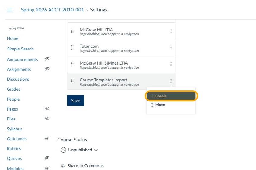 Course Template menu