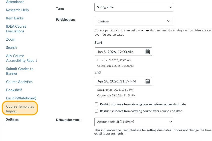 Course Templates Import on the side nav