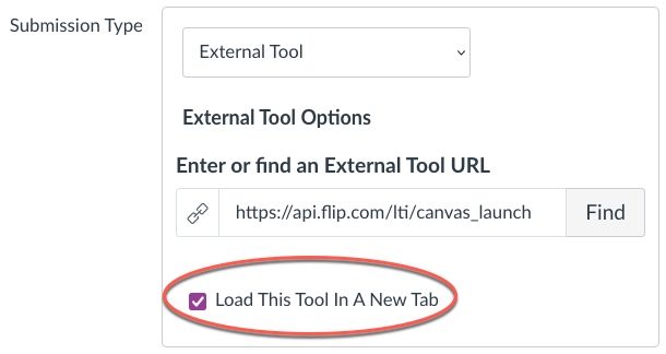 Canvas assignment submission type external tool with tool option to load in a new tab highlighted