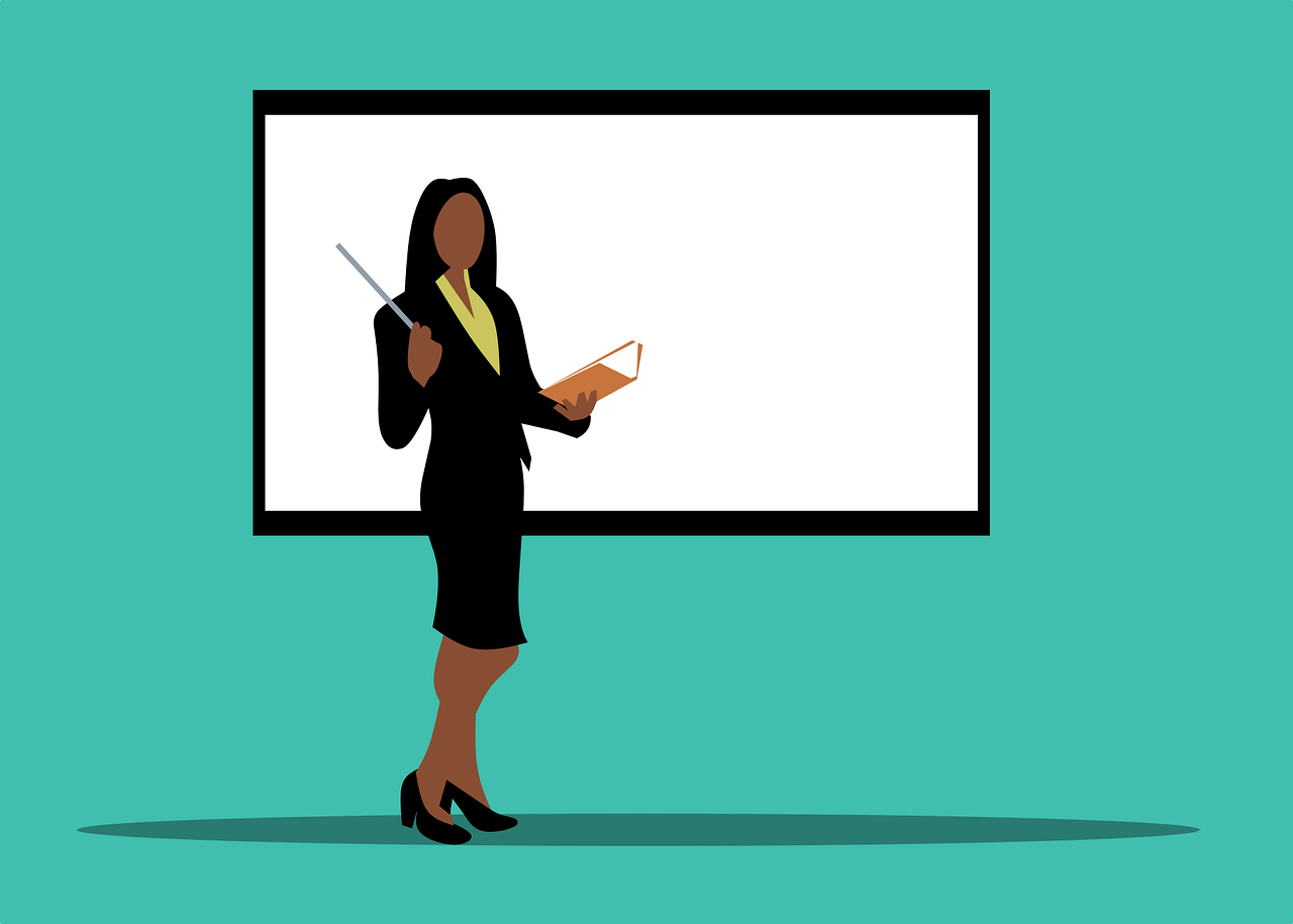 Vector woman standing in front of whiteboard with teal background.
