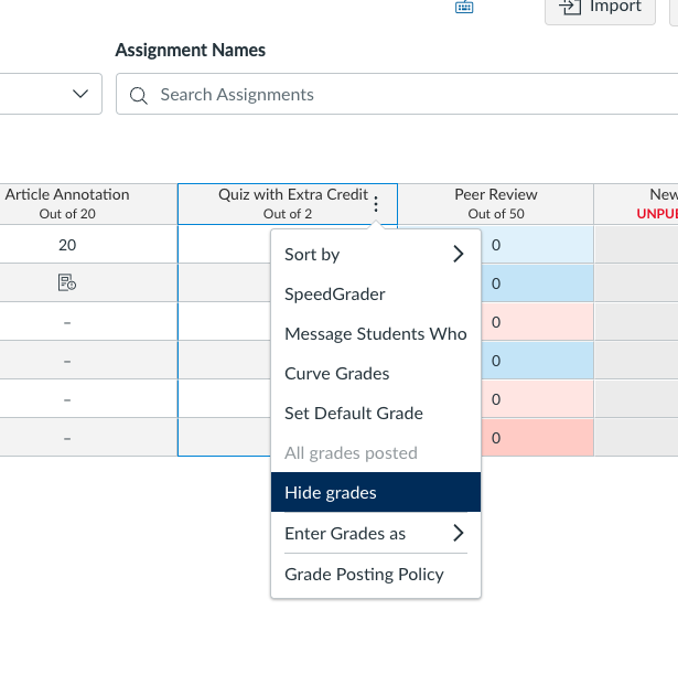 Hide Grades option highlighted in a column in the gradebook.