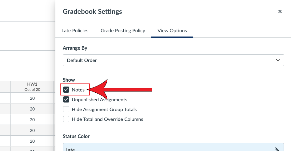 Arrow pointing at Notes option in View Options tab.