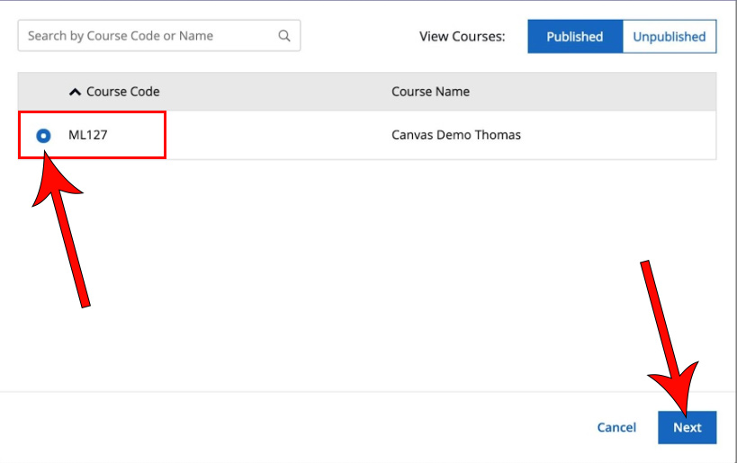 arrows pointing at course and the next button