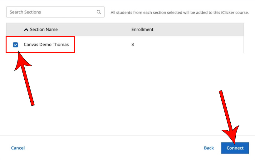 arrows pointing at course section and Connect button
