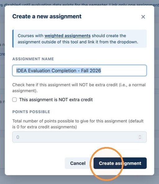 Create Assignment Button Create Assignment button appears after configuring name, extra credit, and point details.