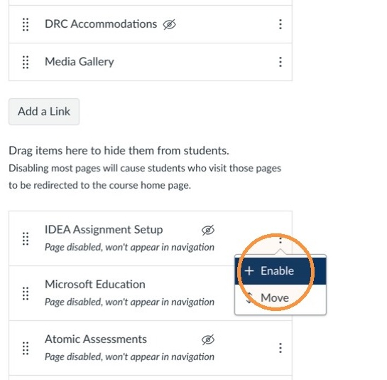 Enable setup item in navigation Selecting the Enable option in the IDEA Assignment Setup navigation item options menu