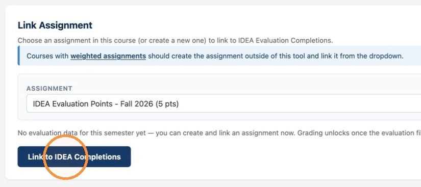 Link to IDEA Completions Button Link to IDEA Completions button appears after selecting assignment.