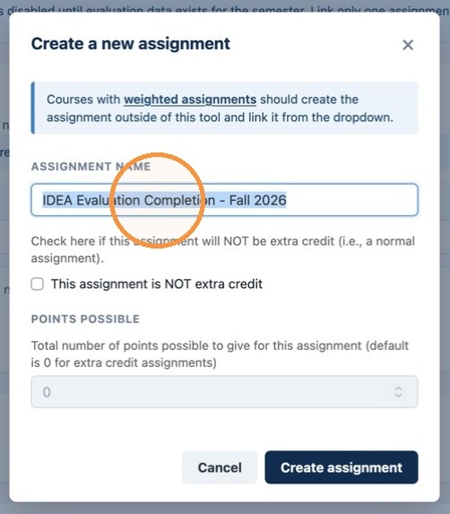 Dialogue for configuring assignment. Dialogue box for configuring new IDEA linked assignment includes an option to name the assignment, a checkbox to decide whether to count for extra credit or not, and an option to set required points if the assignment is not treated as extra credit. The default points possible for excra credit is 0 points.