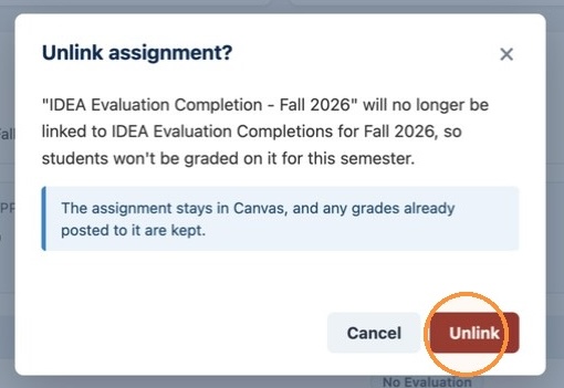 unlink button. An unlink button appears as a second click confirmation that the assignment should be unlinked.
