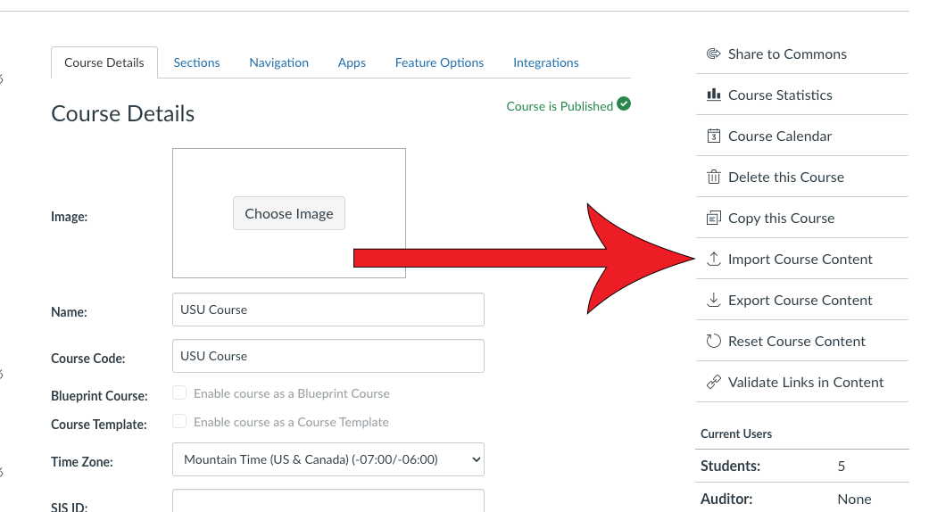 Arrow pointing at Import Course Content link.