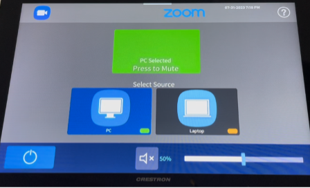 The in-person touch panel mode shows options to control the projector, speakers, and microphone