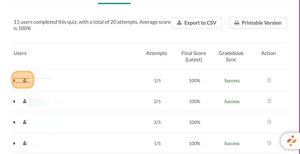 Arrow next to a blurred out student name in a table highlighted in orange.