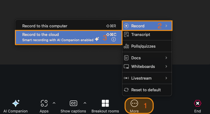 Zoom meeting settings with Record to the Cloud highlighted in orange. 