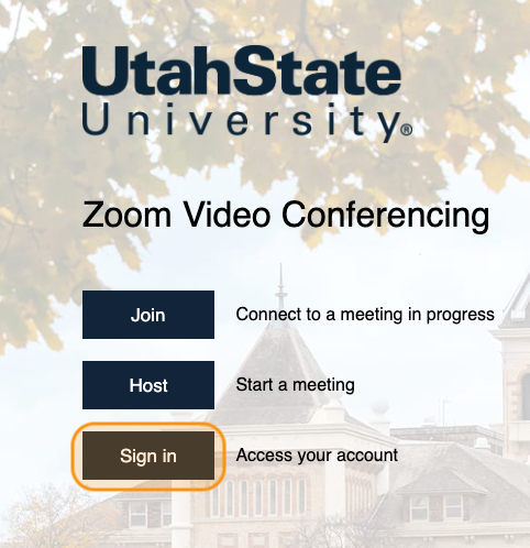 Zoom login window with Sign In highlighted in orange. 