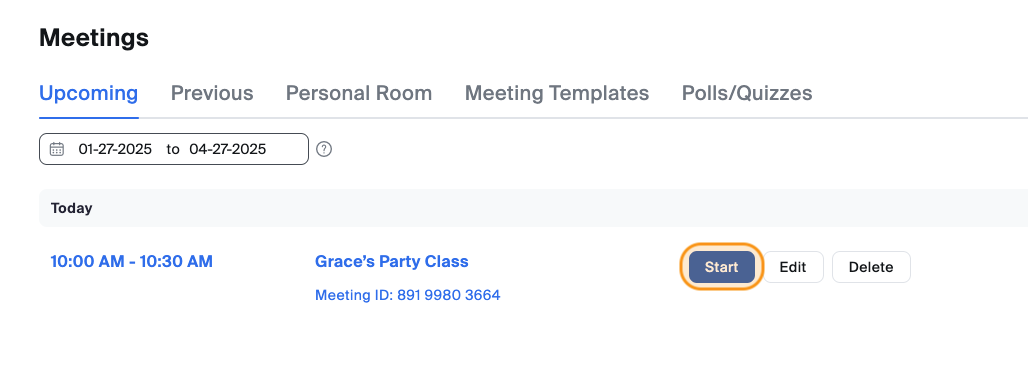 A scheduled Zoom meeting with the Start button highlighted in orange. 