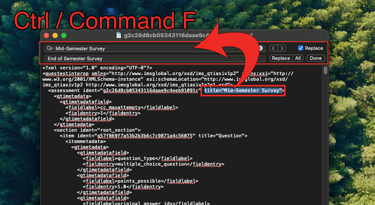 Ctrl / Command F written at the top with a text editor open and Mid-Semester Survey is highlighted within the text and an arrow is indicating that it goes into the Find field.