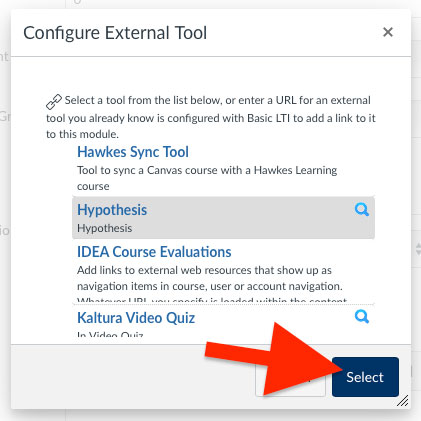 The location of the "Select" button that is clicked once an external tool has been selected.