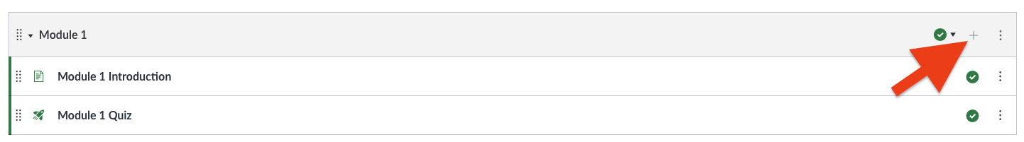 The location of the plus icon to add an item to a module.