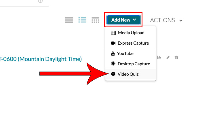 add new dropdown highlighted with arrow pointing at video quiz option