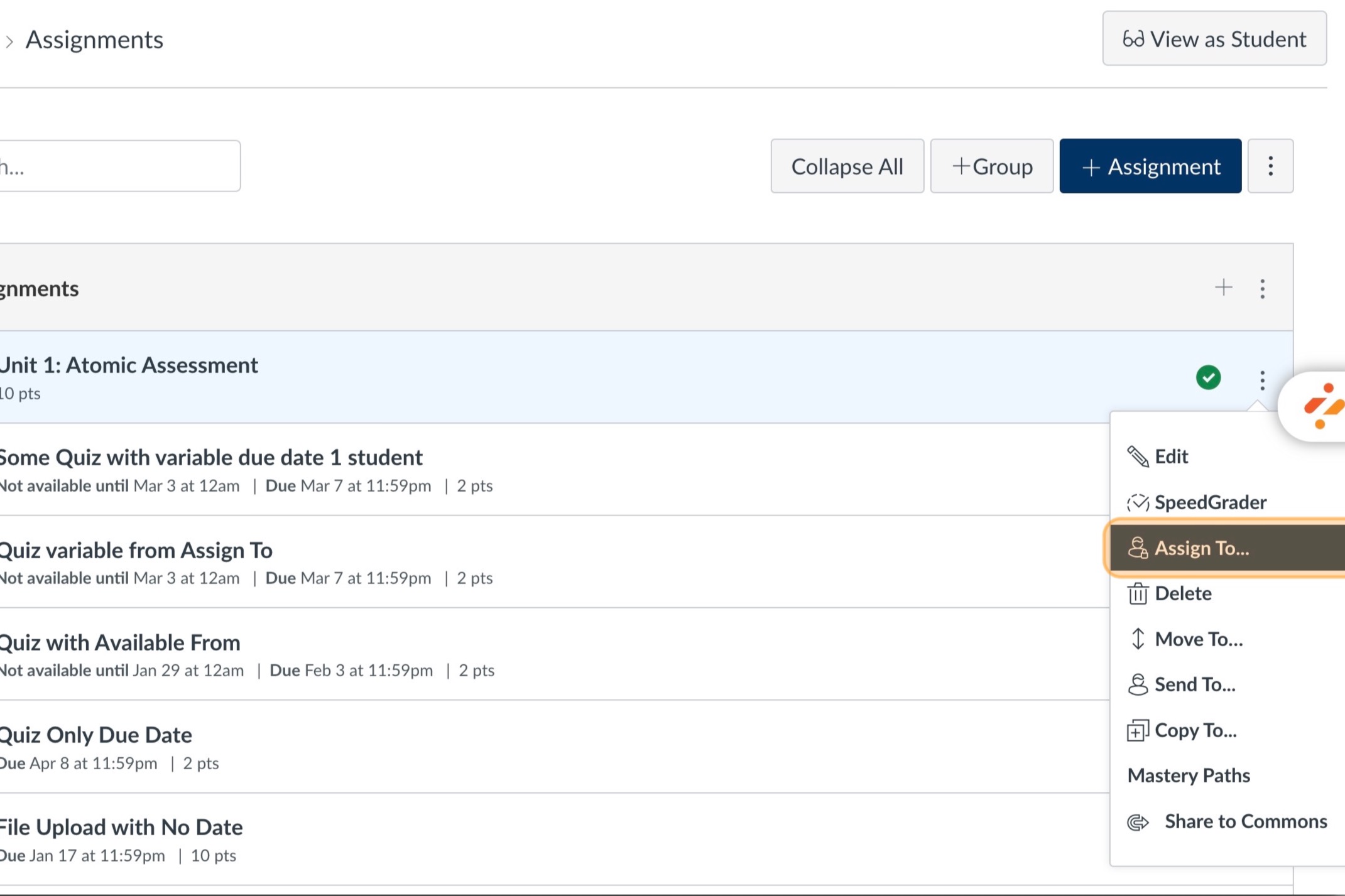 A canvas page with a menu open on the right hand side. The Assign To... option highlighted in orange.