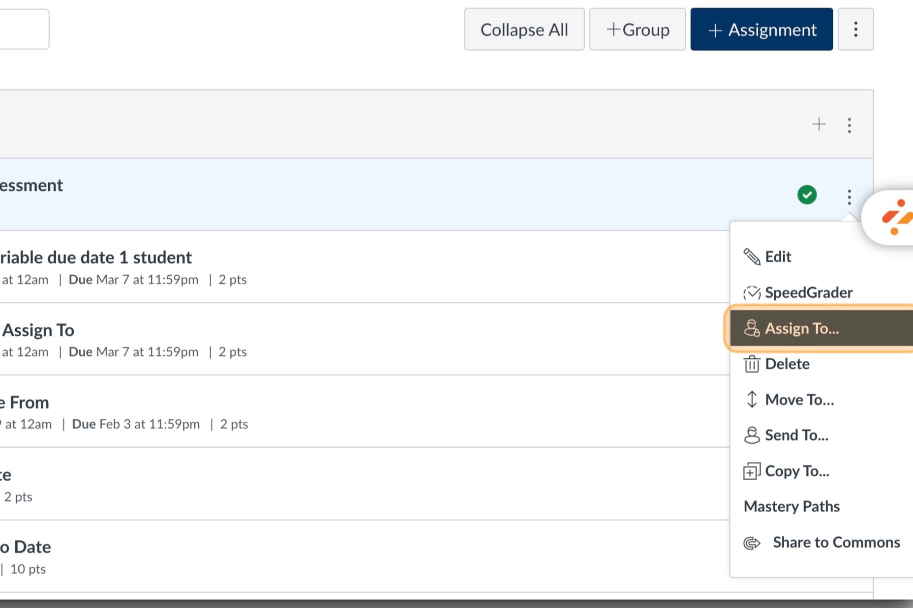 A canvas page with a menu open on the right hand side. The Assign To... option highlighted in orange.