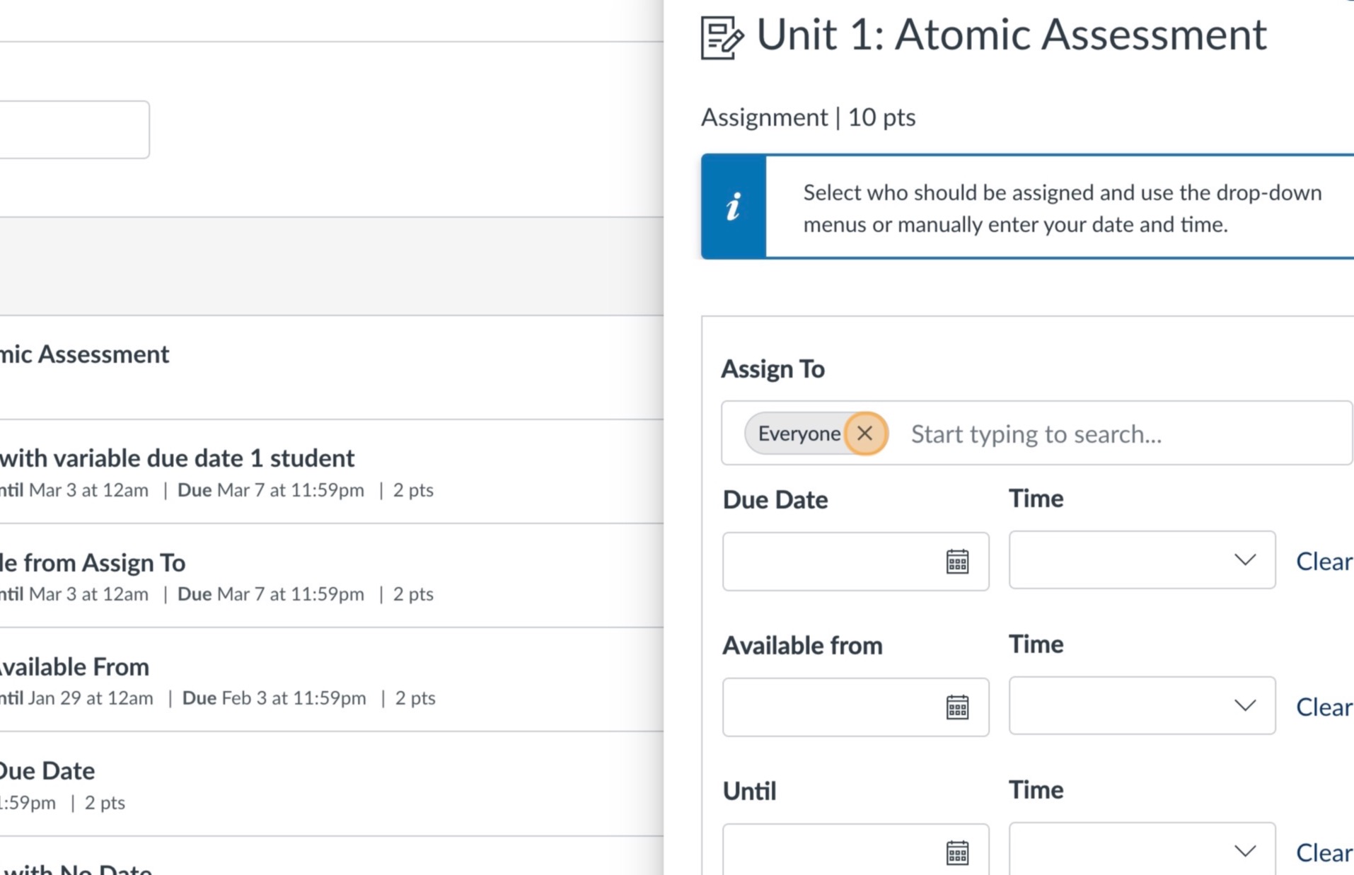 A Canvas assignment window open. In the Assign To field is a tag labeled Everyone. An X next to it highlighted in orange.