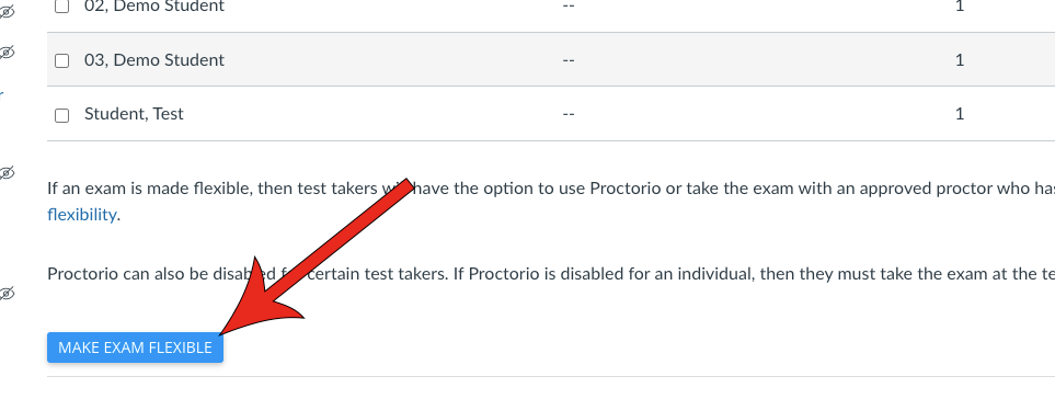 Arrow pointing at MAKE EXAM FLEXIBLE button at the bottom of the page.